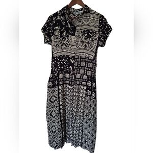 Vintage 90s Jasmine Black and White Geometric Midi Shirt Dress Small Medium GUC